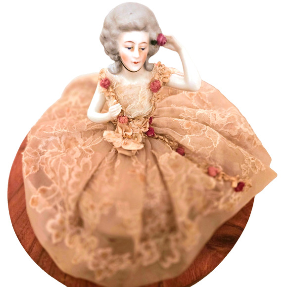Vintage Dresden Lace Porcelain German Half Doll Pincushion Figurine - Picture 12 of 14
